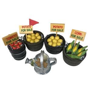 4x Barrels Of Vegetables (Potato, Corn, Tomato) and Watering Can Dollhouse